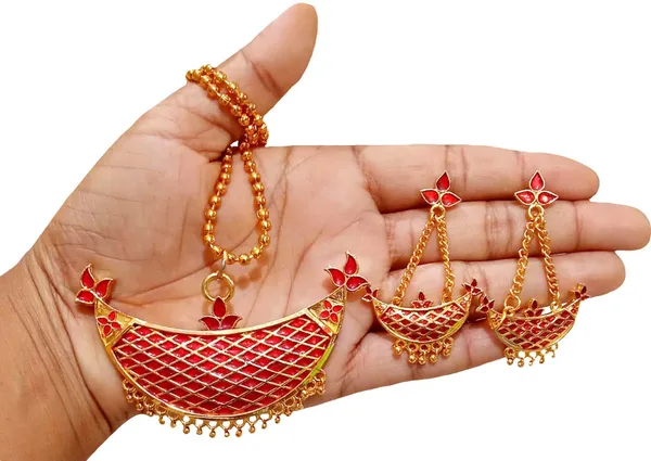 Assamese_Traditional_Gold_Plated_Red_Colour_Joonbiri_Chain_Jewellery_Set_For_Women